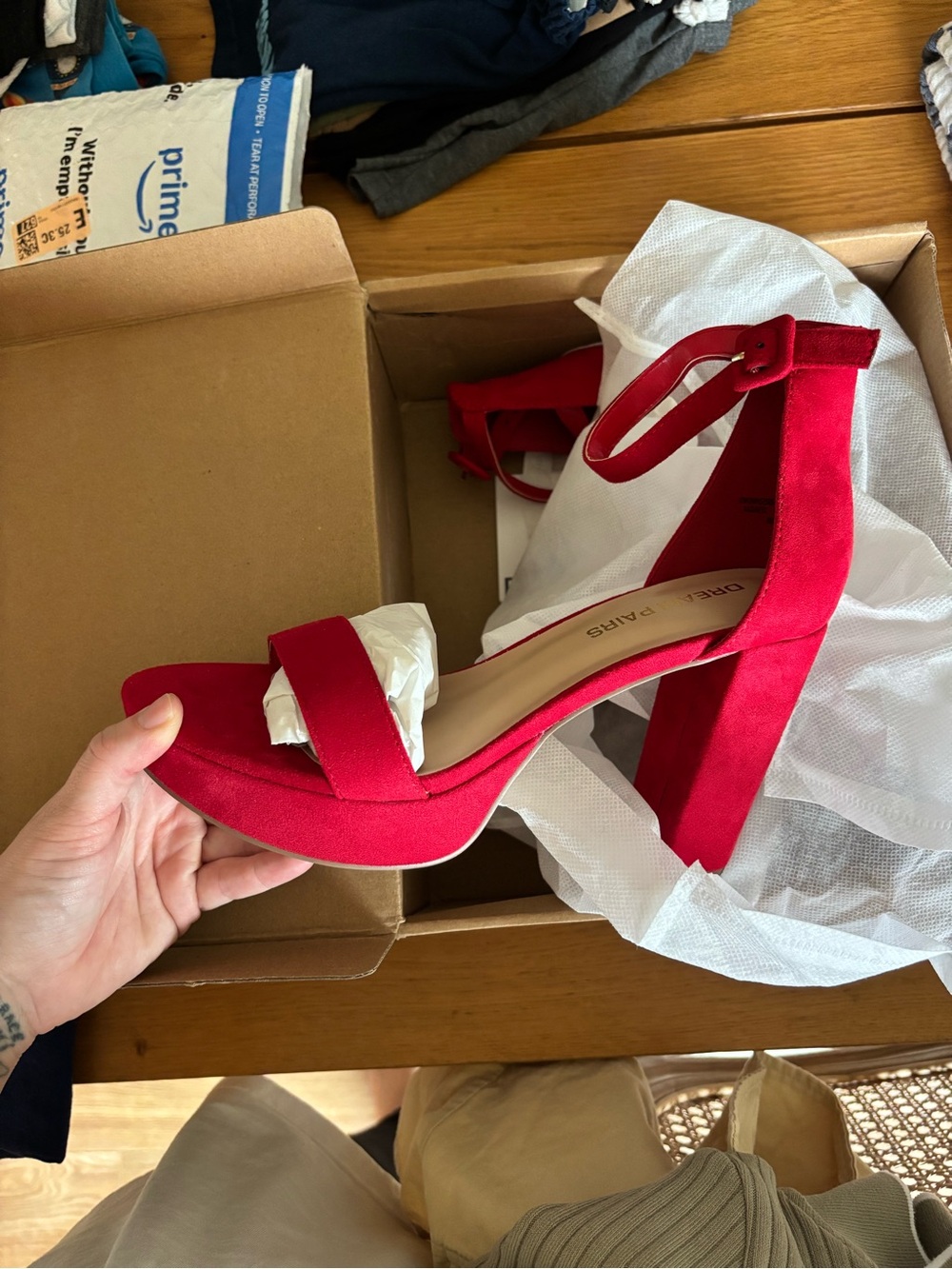 Dream Pairs Red Suede Ankle Strap Block Heel Sandals